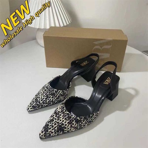 Magasin pas cher 90% de réduction en gros Za chaussures pour femmes espagnoles noir et blanc matériau tissé unique bout pointu Baotou talon épais sandales hautes retour voyage