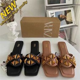 Tienda barata 90% de descuento al por mayor Za Zapatos para mujer Punta cuadrada Zapatillas de fondo plano abiertas Clavo de sauce triangular Hebilla de metal Decoración Playa para prendas de vestir