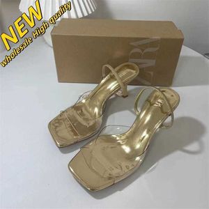 Tienda barata 90% de descuento al por mayor Zapatos para mujer Za Sandalias de tacón alto de PVC transparente con punta cuadrada Material de metal dorado Cool Drag Versátil