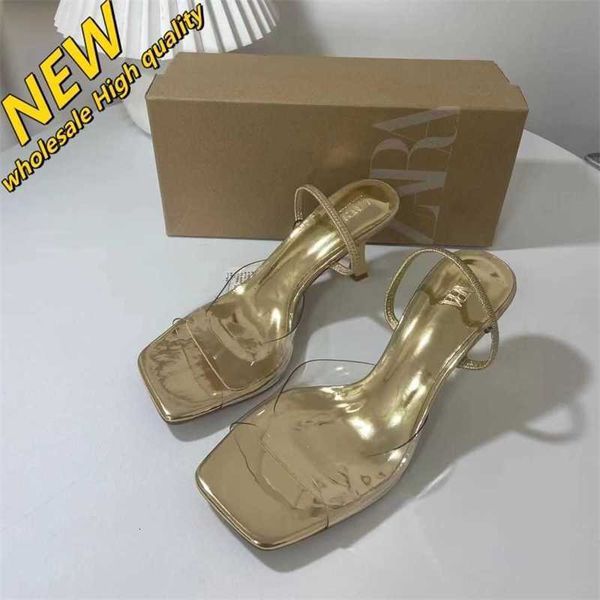 Magasin pas cher 90% de réduction sur les chaussures pour femmes Za en gros bout carré ouvert sandales à talons hauts en PVC Transparent Cool Drag matériau en métal doré polyvalent