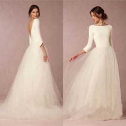 Pas cher superbe robes de mariée d'hiver une ligne satin haut dos nu robes de mariée avec manches conception simple jupe en tulle doux balayage train