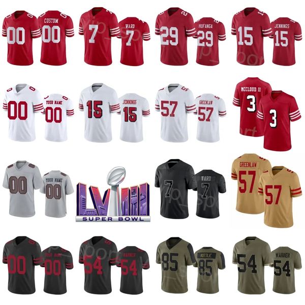 Super Bowls baratos Fútbol 54 Fred Warner Jerseys 57 Dre Greenlaw 29 Talanoa Hufanga 7 Charvarius Ward 85 George Kittle 15 Jauan Jennings 3 Ray-Ray McCloud Men