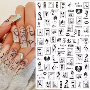 1 pc sexy dame -vormige 3d nagelstickers karakter gezicht beeld laat bloemstickers schuifregelaar black wit diy nagel art decorarion nagel kunststickers decals nail art tools