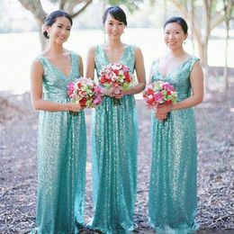 Goedkope Turquoise Lovertjes A-Lijn Bruidsmeisje Jurken V-hals Plooien Vloerlengte Maid of Honour Jurken Bruiloft Gastjurk Vestidos de Damas