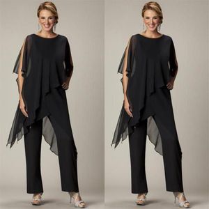 Goedkope Twee Stukken Broek Pakken Voor Moeder van De Bruid Jewel Half Mouw Plus Size Zwart Chiffon Avondjurken Beach Wedding Party334C