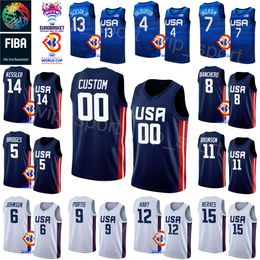 Print 23 Wereldbeker Basketball US Jersey National Team 13 Jaren Jackson Jr. 4 Tyrese Haliburton 9 Bobby Portis 5 Mikal Bridges 14 Walker Kessler 12 Josh Hart Blue White