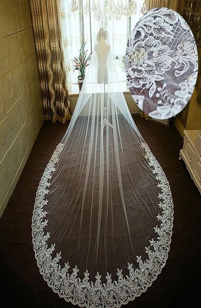 Voile pas cher longue chapelle Train une couche voile de mariée Long voile de mariage Tulle dentelle bord perles accessoires de mariée 6628073