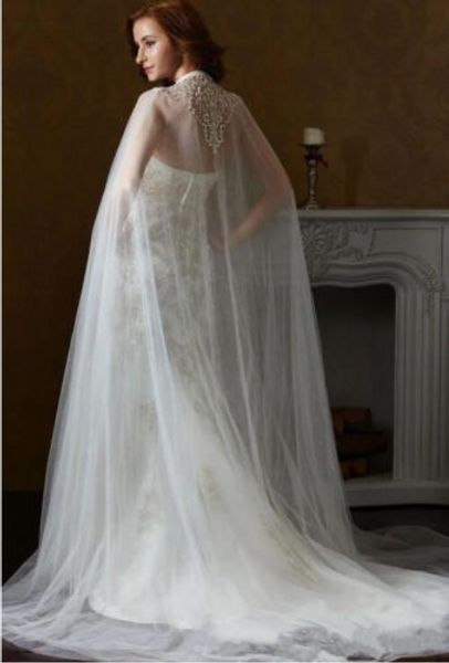 Veste de mariage bon marché, Capes de châle de mariée, appliques de dentelle 1T couches de voile en Tulle, robe de mariée longue cape, Custom283G