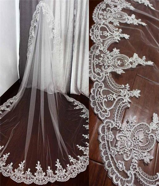 Velos de boda baratos, borde con apliques, velo nupcial largo hecho a medida, capa única de tul, longitud de capilla, vestidos para la cabeza Sell6905394