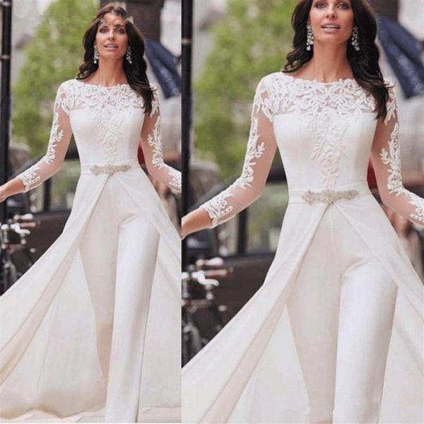 Monos de boda blancos baratos Pantalones Satén de encaje de manga larga con faldas Cuentas Cristales Tallas grandes Vestidos de novia Vestidos De Novia334B