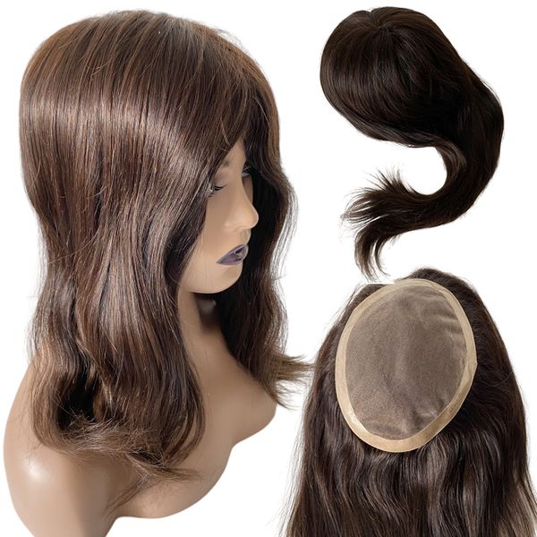 Bon marché en gros Mono Topper 14 pouces pièces de cheveux humains vierges européens couleur brun foncé 2 # 130% densité 7x9 Mono Topper pour femme noire