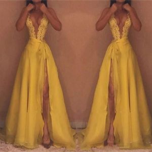 Robe de bal jaune bon marché, Simple et Sexy, décolleté en V profond, drapée, longue fente latérale, robe de soirée, personnalisée, Vintage, 300g