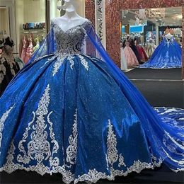 Vestido de fiesta azul real con hombros descubiertos, vestido de quinceañera con cuentas y capa, apliques de encaje con corsé de princesa brillante, vestidos de graduación dulces 1516 BC15345 0321