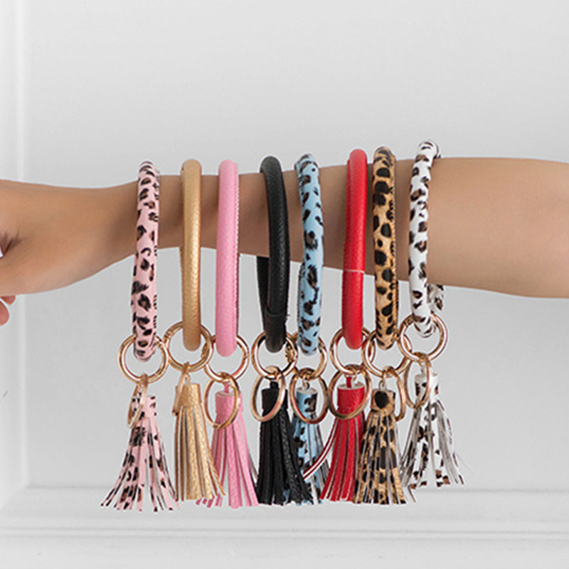 Najtańsze Tassel Wisiorek Bransoletka Bransoletka Bransoletka PU Skórzane Bransoletki Wristlet Bransoletka Leopard Brelok Keychain Okrągły Pierścień Urok Biżuteria Samochód Brelok