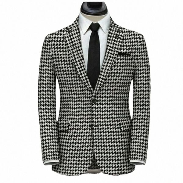 Compruebe la chaqueta de los hombres para el banquete de boda de la tela escocesa de la muesca de la solapa de la solapa de dos colillas de la chaqueta del traje de pata de gallo en stock con clase masculina Fi 1 capa de la PC 44h4 #