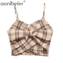 Bustier à carreaux Camisole Summer Fashion Extreme Bow Shirred Back Slim Crop Top Casual Plaid Camis Femme 210604