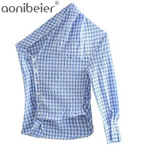 Chemises à carreaux Summer Femmes Chemisier à carreaux Off Épaule Une manche Slim Chemise asymétrique Bouton Up Gingham Femme Tops 210604