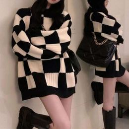 Suéter xadrez para mulheres outono e inverno design sentido, novo top com emagrecimento retrô e estilo preguiçoso pulôver jaqueta