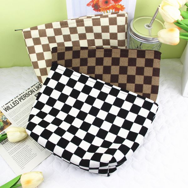 Damier Vintage sac cosmétique femmes velours côtelé fermeture éclair étuis de lavage femme maquillage sacs de rangement voyage articles de toilette maquillage sacs porte-monnaie