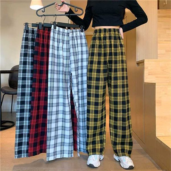 Pantalon à carreaux pour femmes Vintage Plaid Mode Style coréen Jambe large Été Bleu Harajuku Pantalon surdimensionné 211115