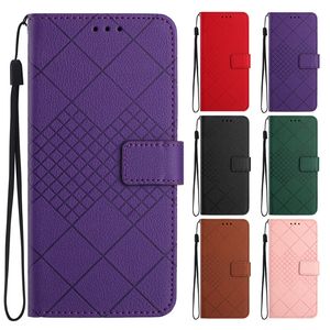 Geruit PU lederen portemonnee hoesjes voor Samsung S24 Plus S23 Ultra FE S22 A15 A05 A05S A25 M54 A24 A34 A54 A04 A14 Vierkante kubuslijnen ID-kaartsleufhouder Flip Cover Pouch Strap