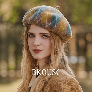 Geruite Pompoenhoed Belle Hoed Baretten Baretten Klassieke vintage Prismatische Geruite Baret Elegante Dames Hoge Kwaliteit Wollen Pompoen Baretten Kunstenaar Vrouwelijke Kasjmier Caps