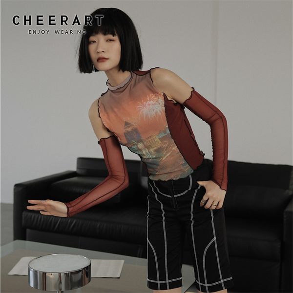 Cheerart Mesh Turtleneck T-shirt Night Scene Graphic Tee Off Hombro Transparente Top Red Summer T Shirts Moda 210722