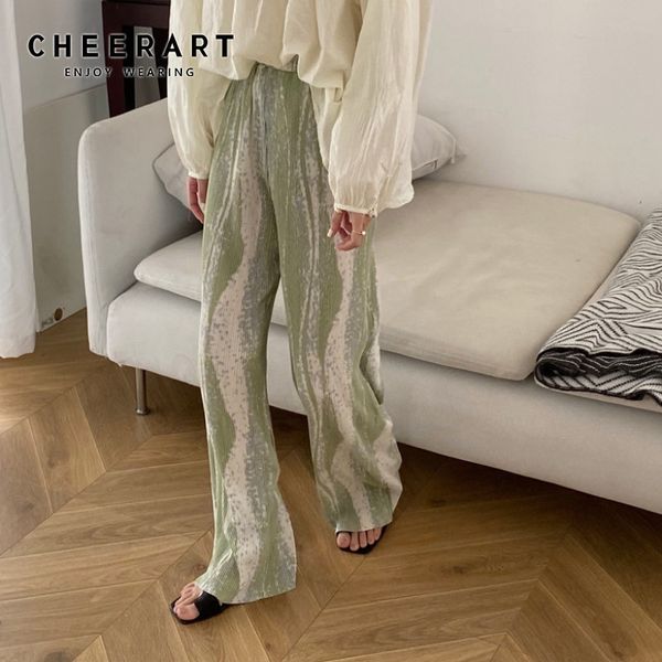 CHEERART côtelé été pantalon à jambes larges femmes pantalons cravate teinture élastique taille haute bleu vert lâche Palazzo pantalon Streetwear 201228