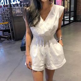 Cheerart Summer Cotton Playsuit Mujeres V Neck Wrap Jumpsuit Short White Sin mangas Open Back Loose Overoles Combishort Femme T200704