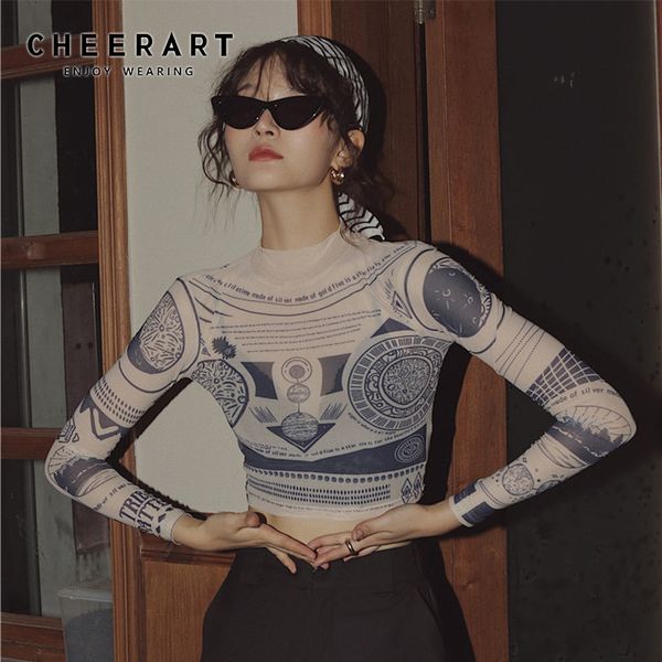 Cheerart Tattoo Imprimer à manches longues Crop Top Turtle Neck Voir à travers T-shirt Basic Tshirt Street Fashion Tee Shirt Vêtements 201125