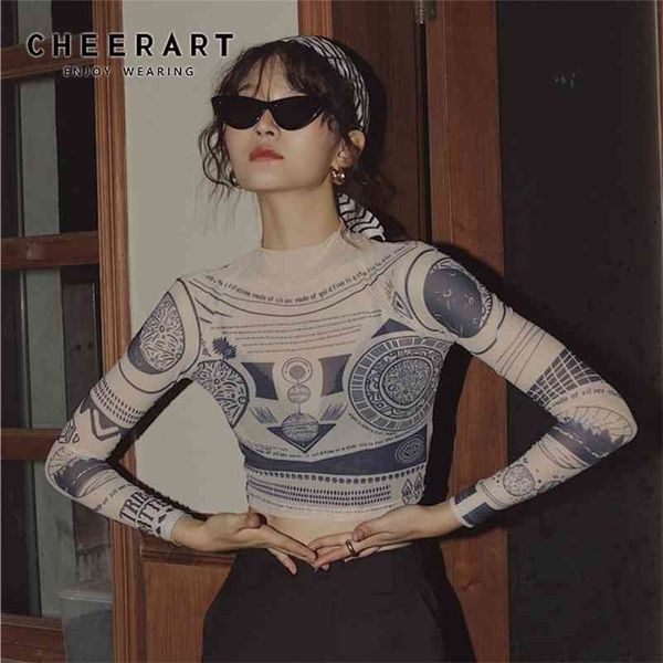 Cheerart Tattoo Imprimer à manches longues Crop Top Turtle Neck Voir à travers T-shirt Basic Tshirt Street Fashion Tee Shirt Vêtements 210324