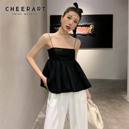 Cheerart textuur Puffy Black Tie Back Strap Summer Cami Top Women Casual Fashion Tube Tops 220519
