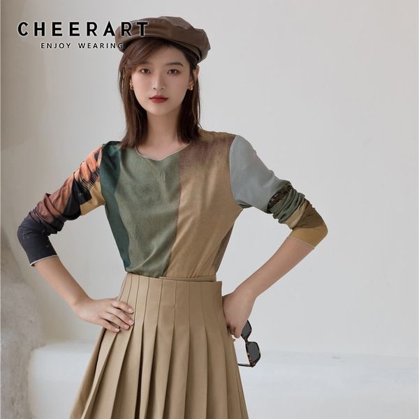 CHEERART ultra-mince automne couleur bloc t-shirt femmes col rond à manches longues haut esthétique t-shirt mode coréenne t-shirt 210306
