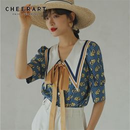Cheerart Vintage Blouse Zomer Top Blue Collar Shirt Dames Losse Blouse Grote Kraag Designer Dames Tie Top Koreaanse Mode LJ200811