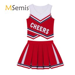 Cheerleading 2pcs Kids Girls Sport Dance Suit cheerleader kostuum V nek mouwloze letters Cheers print vest en geplooide rok set outfit 230210