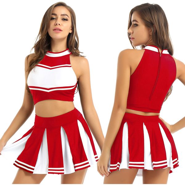 Cheerleading 2 pièces femmes adultes Costume de pom-pom girl uniforme carnaval Cosplay tenue col montant sans manches haut court avec mini jupe plissée 230420