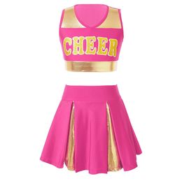 Cheerleading Kids Girls Cheer uniform cheerleader danskostuum mouwloze v halslijn letter afdrukken crop top met elastische tailleband rok 230420