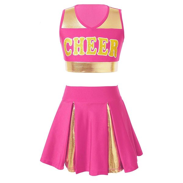 Cheerleading Enfants Filles Cheer Uniforme Pom-Pom Girl Costume De Danse Sans Manches V Décolleté Lettre Imprimer Crop Top avec Ceinture Élastique Jupe 230420