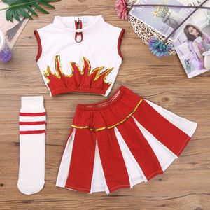 Cheerleading Kids Girls Cheerleader Costume Costume Pierleader tenue sans manches avec jupe et chaussettes Set pour Carnival Cosplay 230420