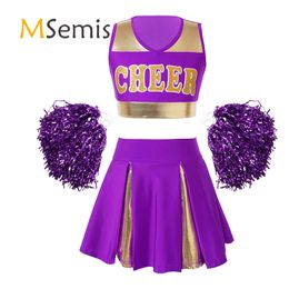 Cheerleading Enfants Filles Costume De Danse Sans Manches Encolure En V Lettres Imprimé Crop Top Avec Jupe Plissée Et 2 Pièces Boules De Fleurs 230608