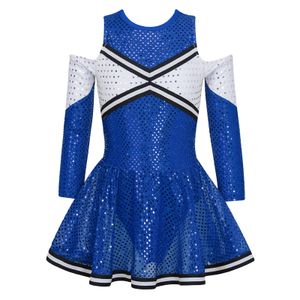 Porristas Niños Niñas Lentejuelas brillantes Porristas Uniforme Traje de baile Manga larga Fuera del hombro Escote redondo Animadora Vestido de baile 230420