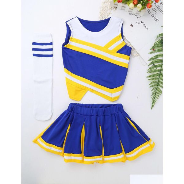 Porristas Niños Niñas Uniforme Carnaval Ropa de baile Vestido de lujo Oufit Tops con falda Calcetines Conjunto para la escuela Rendimiento de escenario Drop Dhuzl