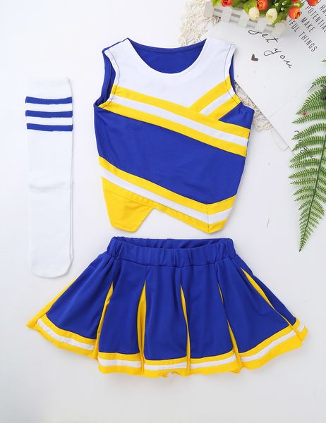 Cheerleading Kids Girls Uniforme Carnival Dance Vêtements Fancy Dishing OUFIT Tops avec chaussettes de jupe set pour la performance de la scène scolaire 230811