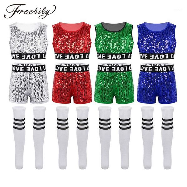 Cheerleading Niños Adolescentes Lentejuelas brillantes Crop Tops con pantalones cortos Calcetines Cheerleader Uniforms Set Niños Niñas Modern Hip-hop Jazz Dance Disfraces