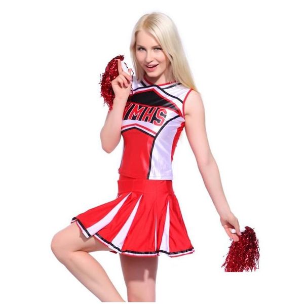 Cheerleading Dames Y Débardeur Jupon Pom Pom Pom Girl 2 Pcs Costume Lycée Filles Cheer Musical Glee Baseball Déguisement Cheerlea Dhjoh