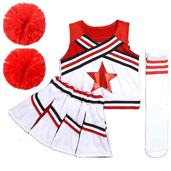 Cheerleading Pompoms Cheerleading Costume Femmes Filles Concours Rouge Cheerleaders École Équipe Uniforme Classe Costume Pour Enfant Danse Costumes 230420