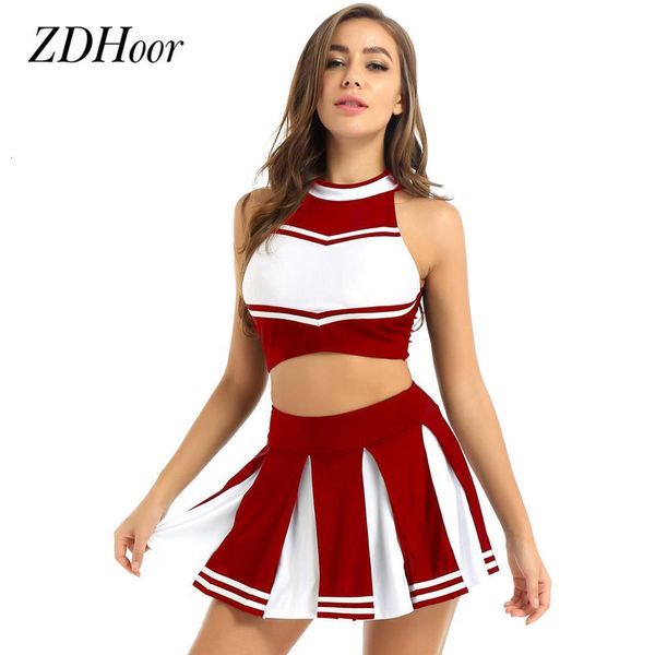 Cheerleading Sexy School Girl Cheerleader Disfraz Mujer Adulto Cheerleading Uniforme Traje de baile Sin mangas Crop Top con mini falda plisada 230603