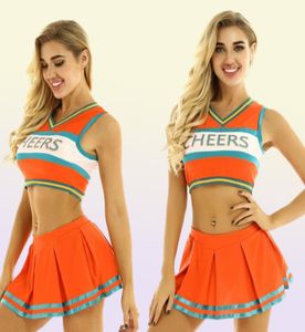 Cheerleading Dames Cheerleaderkostuum Cheer Uniform Pak Cosplay Rave Outfit V-hals Mouwloos Crop Top Met Mini Plooirok F1932586