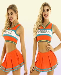 Cheerleading femmes pom-pom girl Costume uniforme de joie Costume Cosplay Rave tenue col en V sans manches haut court avec Mini jupe plissée F6587523