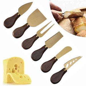 Herramientas de queso 6pcsset Cuchillos de acero inoxidable Mango de madera de nogal Pan Pastel Cortador de pizza Mantequilla Espátula Cocina 230714